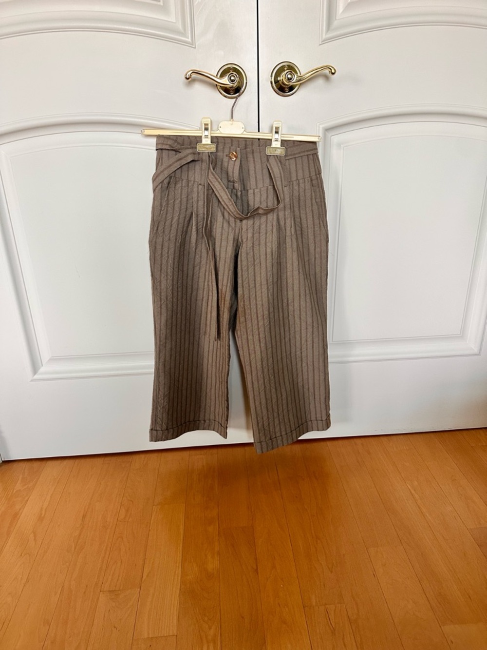 Women's Taupe Pinstripe Capris with Waist Tie